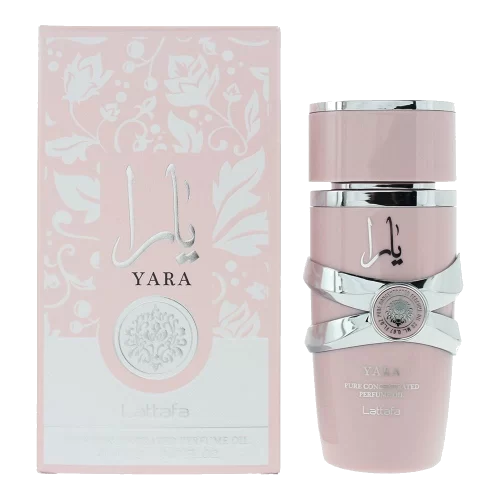 Lattafa Yara Rosa aceite 20ml frasco con caja perfume árabe mujer oriental avainillado dulce