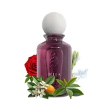 Frasco Laverne Bella 100ml rodeado de sus notas: pera, melocotón, azahar, rosa, ron y vainilla, perfume árabe femenino