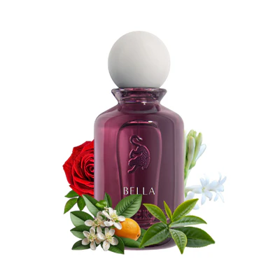 Laverne Bella 100ml - Frasco y notas olfativas Frasco Laverne Bella 100ml rodeado de sus notas: pera, melocotón, azahar, rosa, ron y vainilla, perfume árabe femenino