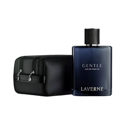 Laverne Gentle 100ml - Set con bolso Set Laverne Gentle 100ml con bolso, perfume árabe masculino de cuero amaderado con oud, ciprés y almizcle