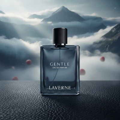 Laverne Gentle 100ml - Frasco Frasco Laverne Gentle 100ml, perfume árabe masculino de cuero amaderado con oud, frambuesa y cuero. Frasco en paisaje.