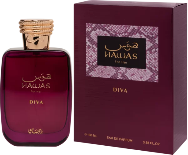 Rasasi Hawas Diva 100ml frasco con caja perfume árabe femenino oriental floral afrutado dulce rosa vainilla