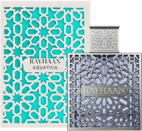 Rayhaan Aquatica 100ml - Frasco y caja Rayhaan Aquatica 100ml frasco con caja perfume árabe hombre cítrico tropical lima coco mandarina jazmín pachulí