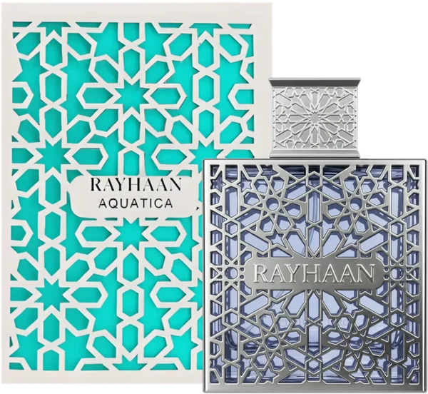 Rayhaan Aquatica 100ml frasco con caja perfume árabe hombre cítrico tropical lima coco mandarina jazmín pachulí