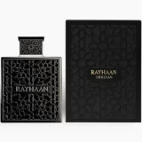 Rayhaan Obsidian 100ml frasco con caja perfume árabe masculino amaderado iris polvoso cuero elegante sofisticado
