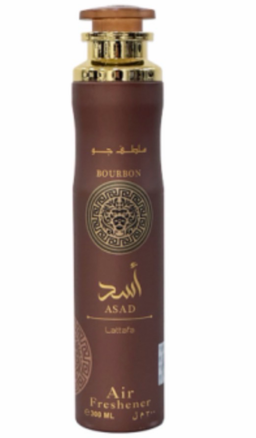 Ambientador Lattafa Asad Bourbon 300ml spray de hogar árabe aroma gourmand especiado cacao vainilla y ámbar
