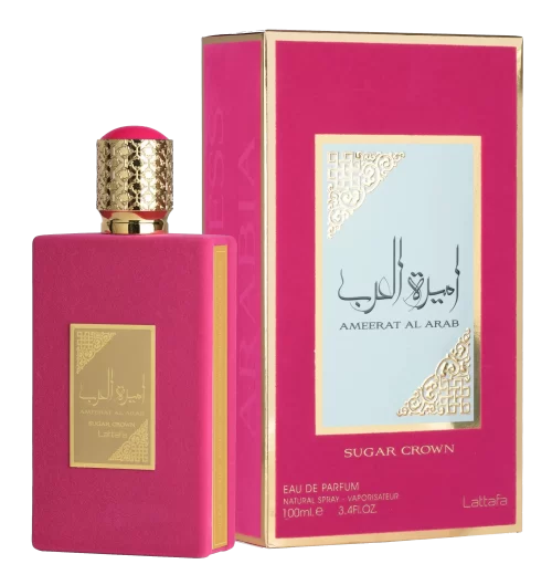 Frasco y estuche original del perfume árabe Sugar Crown de Asdaaf 100 ml con acabados dorados y diseño rosa fucsia