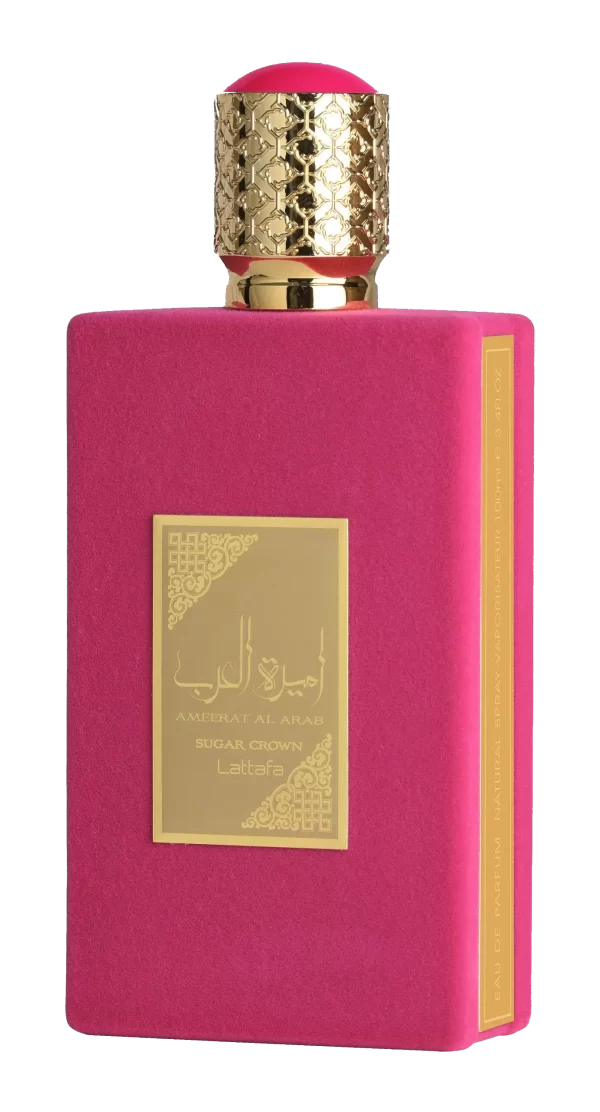 Frasco fucsia del perfume Asdaaf Ameerat Al Arab Sugar Crown 100 ml con tapón dorado en forma de corona