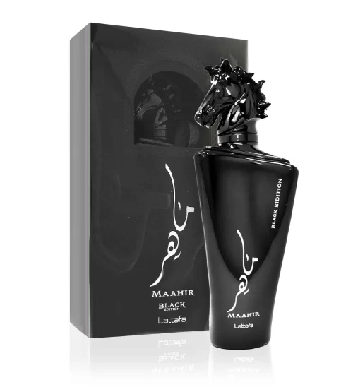 Lattafa Maahir Black Edition 100ml - Frasco y caja Lattafa Maahir Black Edition 100ml frasco con caja perfume árabe unisex amaderado especiado ahumado acuerado
