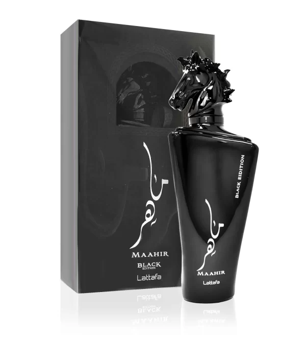 Lattafa Maahir Black Edition 100ml frasco con caja perfume árabe unisex amaderado especiado ahumado acuerado