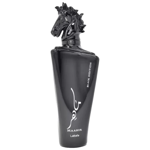 Lattafa Maahir Black Edition 100ml - Frasco Perfume Lattafa Maahir Black Edition 100ml frasco árabe unisex amaderado especiado ahumado cuero azafrán