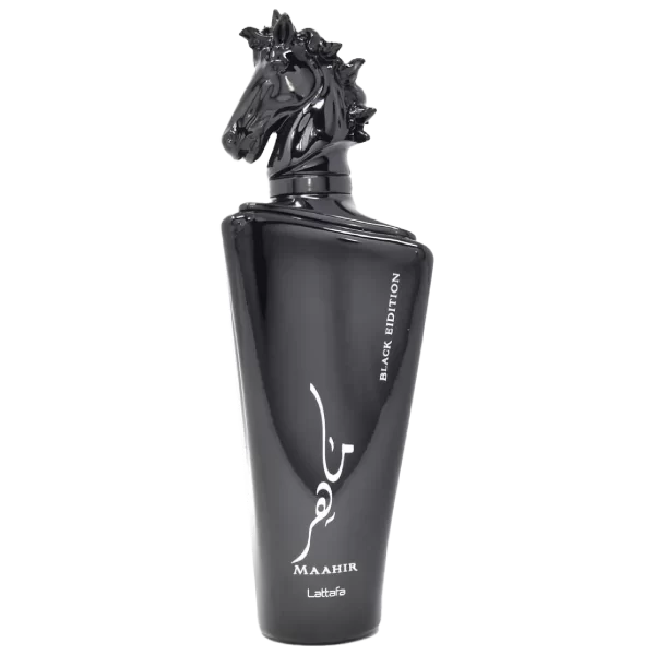 Perfume Lattafa Maahir Black Edition 100ml frasco árabe unisex amaderado especiado ahumado cuero azafrán