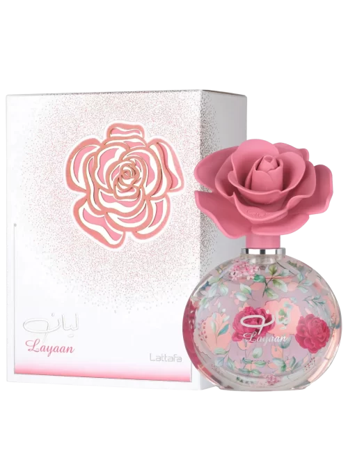 Lattafa Layaan 75ml - Frasco y caja Lattafa Layaan 75ml frasco con caja perfume árabe femenino