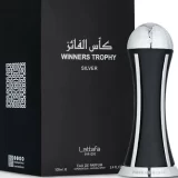 Lattafa Winners Trophy Silver 100ml frasco con caja, perfume árabe amaderado fresco aromático