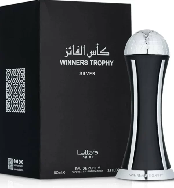 Lattafa Winners Trophy Silver 100ml frasco con caja, perfume árabe amaderado fresco aromático