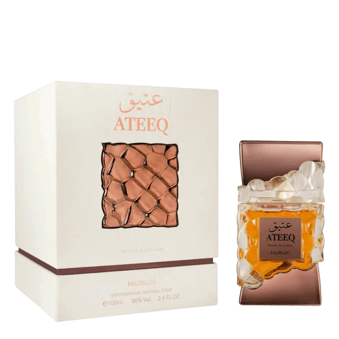 Nusuk Ateeq 100ml - Frasco y caja Nusuk Ateeq Extrait de Parfum 100ml frasco con caja perfume árabe masculino