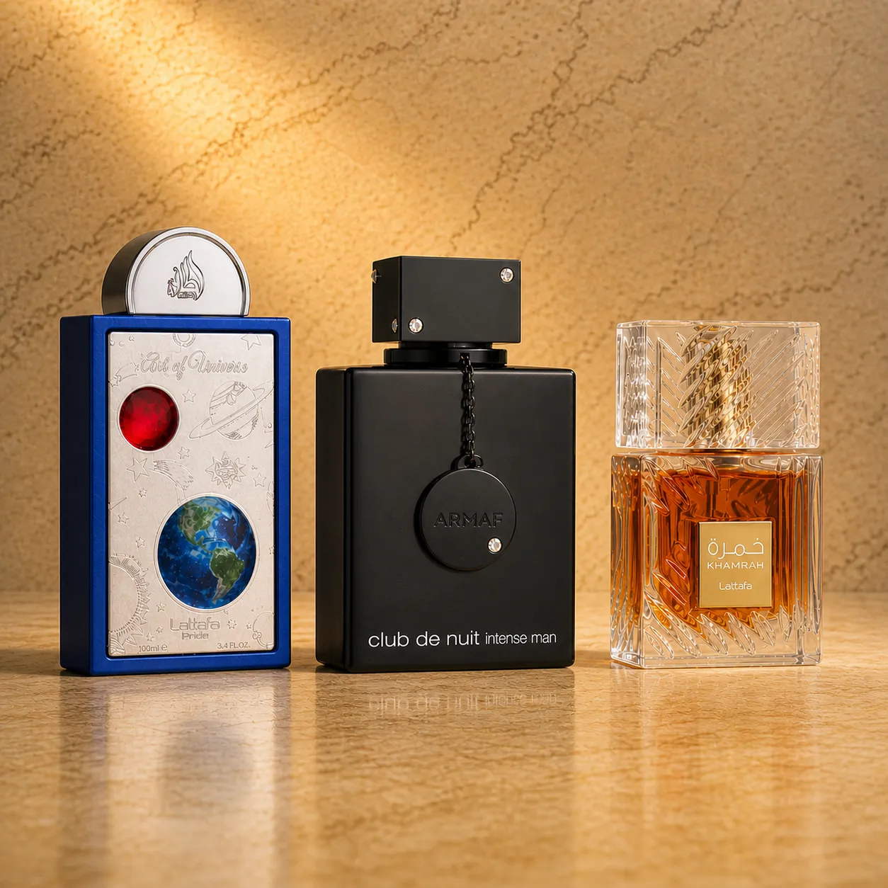 Perfumes árabes para hombre en Canarias: Lattafa Pride Art of Universe, Armaf Club de Nuit Intense Man y Lattafa Khamrah — Perfumes de Oriente