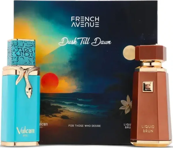 Pack Liquid Brun Vulcan Feu French Avenue 2 perfumes árabes 100ml unisex EDP set Dusk Till Dawn regalo