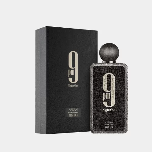 Afnan 9 PM Night Out Extrait 100ml - Frasco y caja Afnan 9 PM Night Out Extrait 100ml frasco con caja perfume árabe unisex frutal especiado fruta del dragón y tonka