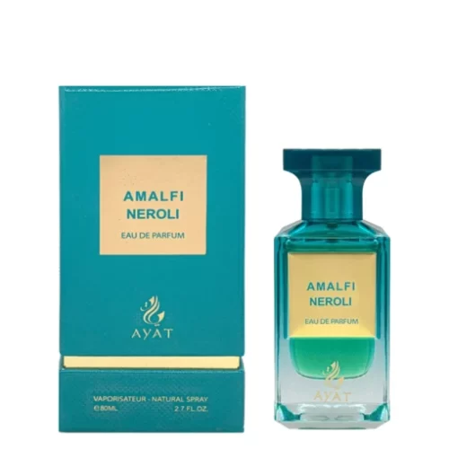 Ayat Amalfi Neroli 80ml - Frasco y caja Ayat Amalfi Neroli 80ml frasco con caja perfume árabe unisex cítrico aromático bergamota neroli y ámbar