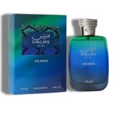 Hawas Atlantis 100ml frasco con caja perfume árabe hombre amaderado acuático mineral bergamota gálbano y sándalo