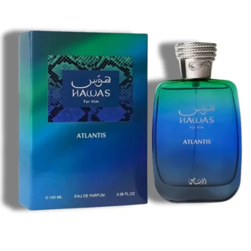 Hawas Atlantis 100ml - Frasco y caja Hawas Atlantis 100ml frasco con caja perfume árabe hombre amaderado acuático mineral bergamota gálbano y sándalo