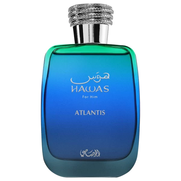 Perfume Hawas Atlantis 100ml frasco árabe hombre amaderado acuático mineral bergamota gálbano notas marinas y sándalo