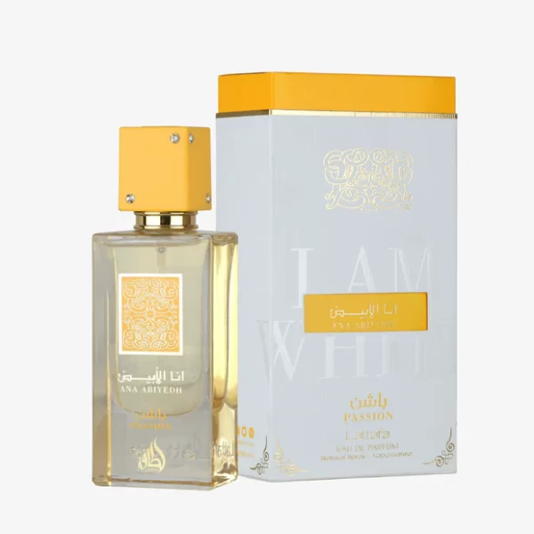Lattafa Ana Abiyedh Passion 60ml frasco con caja perfume árabe unisex frutal vainilla tropical maracuyá y vainilla