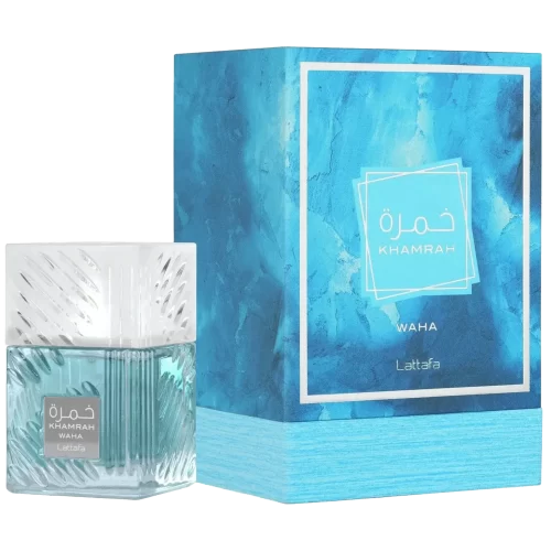 Lattafa Khamrah Waha 100ml frasco con caja perfume árabe unisex aromático acuático fresco yuzu pepino y vainilla