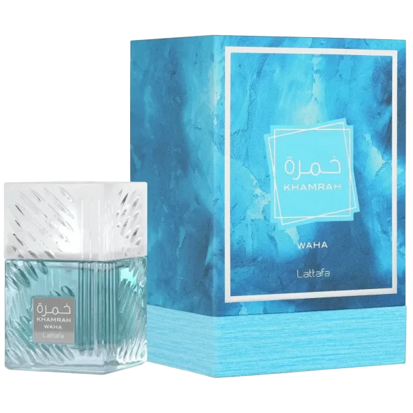 Lattafa Khamrah Waha 100ml frasco con caja perfume árabe unisex aromático acuático fresco yuzu pepino y vainilla
