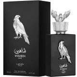 Lattafa Pride Shaheen Silver 100ml frasco con caja perfume árabe unisex amaderado musgoso cítrico bergamota y musgo