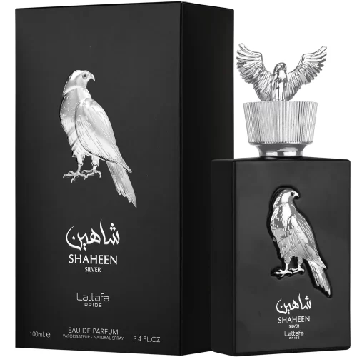 Lattafa Pride Shaheen Silver 100ml frasco con caja perfume árabe unisex amaderado musgoso cítrico bergamota y musgo