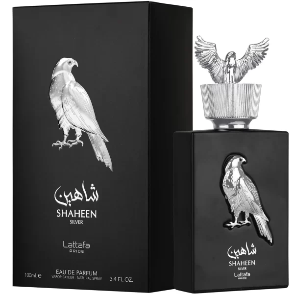Lattafa Pride Shaheen Silver 100ml frasco con caja perfume árabe unisex amaderado musgoso cítrico bergamota y musgo