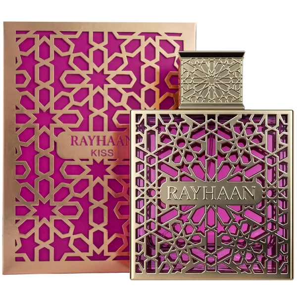 Rayhaan Kiss 100ml frasco con caja perfume árabe mujer gourmand frutal cremoso fresa coco y vainilla