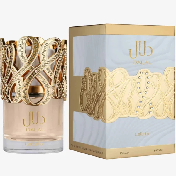 Lattafa Dalal 100ml frasco con caja perfume árabe mujer floral frutal gourmand manzana jazmín y vainilla