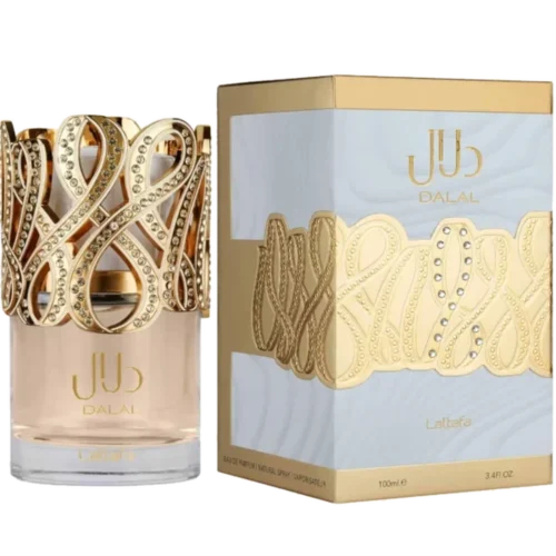 Lattafa Dalal 100ml frasco con caja perfume árabe femenino floral frutal gourmand ylang-ylang almizcle musgo