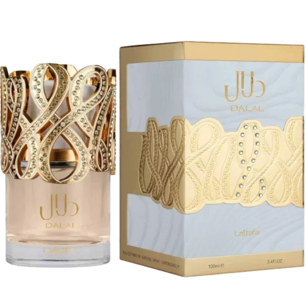 Lattafa Dalal 100ml frasco con caja perfume árabe femenino floral frutal gourmand ylang-ylang almizcle musgo