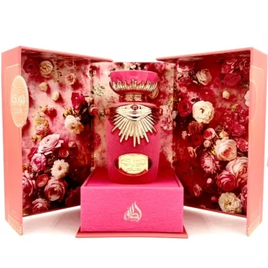 Lattafa Jouri 100ml con caja abierta y presentación floral, perfume árabe de mujer con pitahaya, cereza, peonía y vainilla