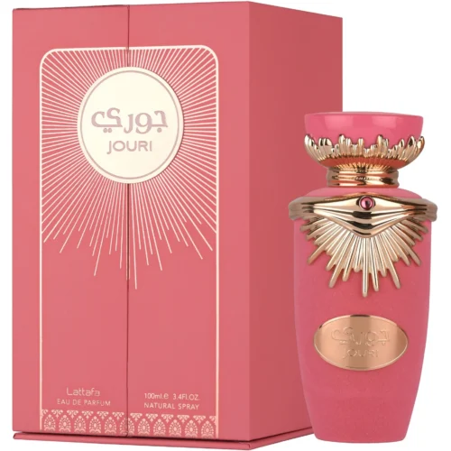 Lattafa Jouri 100ml frasco con caja perfume árabe mujer floral frutal pitahaya cereza peonía y vainilla