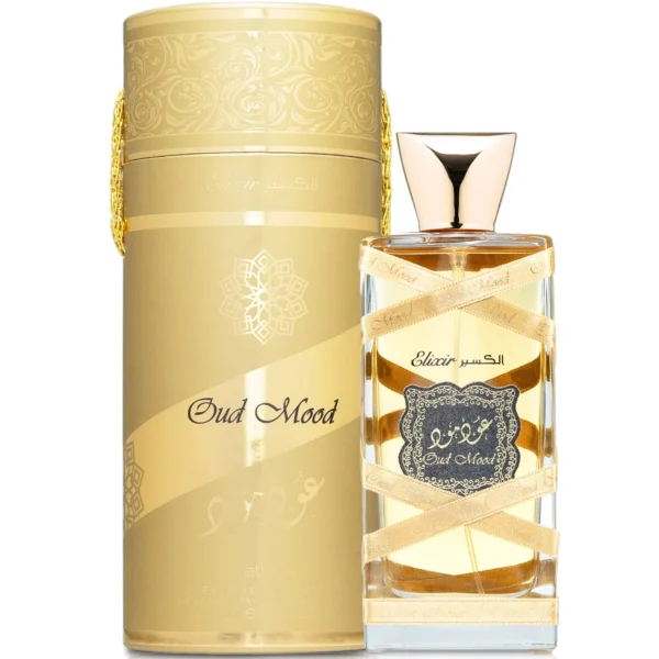 Lattafa Oud Mood Elixir 100ml frasco con caja perfume árabe unisex oriental especiado azafrán oud y vainilla