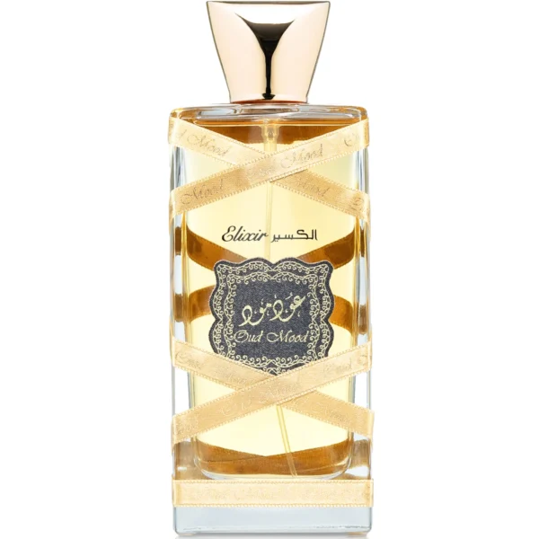 Perfume Lattafa Oud Mood Elixir 100ml frasco árabe unisex oriental especiado azafrán oud ante y vainilla