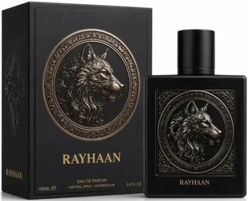 Rayhaan Wolf 100ml - Frasco y caja Rayhaan Wolf 100ml frasco con caja perfume árabe hombre especiado gourmand cardamomo toffee y vainilla