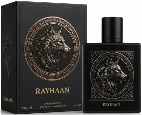 Rayhaan Wolf 100ml frasco con caja perfume árabe hombre especiado gourmand cardamomo toffee y vainilla
