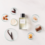 Ingredientes de Ambre Latte Essential Parfums: leche de almendra, caramelo, haba tonka, vainilla y maderas ambarinas