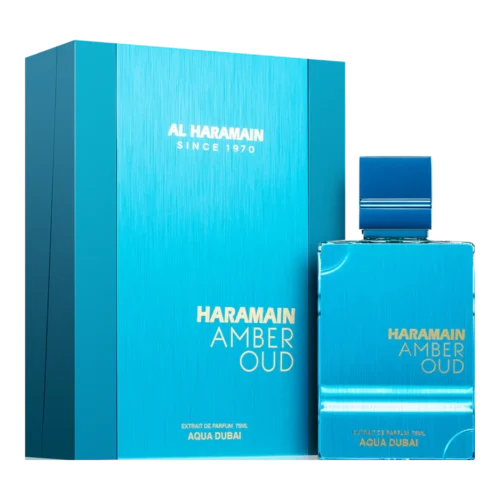 Al Haramain Amber Oud Aqua Dubai 75ml - Frasco y caja Al Haramain Amber Oud Aqua Dubai 75ml frasco con caja perfume árabe unisex cítrico frutal bergamota mandarina melón ámbar