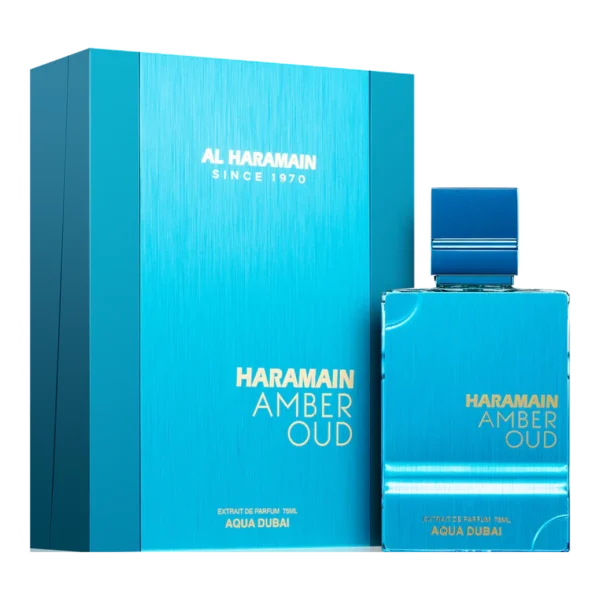 Al Haramain Amber Oud Aqua Dubai 75ml frasco con caja perfume árabe unisex cítrico frutal bergamota mandarina melón ámbar