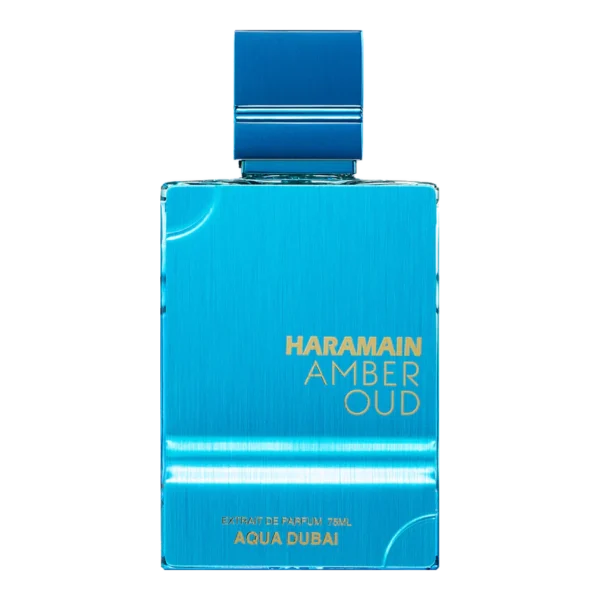 Perfume Al Haramain Amber Oud Aqua Dubai 75ml frasco árabe unisex cítrico frutal bergamota mandarina melón piña almizcle