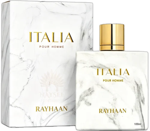 Rayhaan Italia 100ml frasco con caja perfume árabe hombre meloso lavanda bergamota jazmín tabaco haba tonka