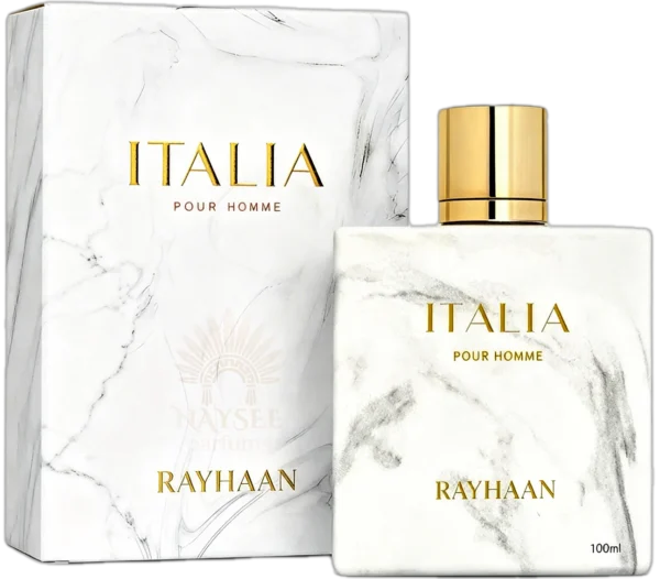 Rayhaan Italia 100ml frasco con caja perfume árabe hombre meloso lavanda bergamota jazmín tabaco haba tonka