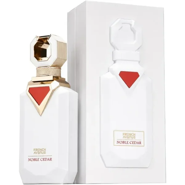 French Avenue Noble Cedar 100ml frasco con caja perfume árabe unisex amaderado floral aldehídos bergamota azahar cedro